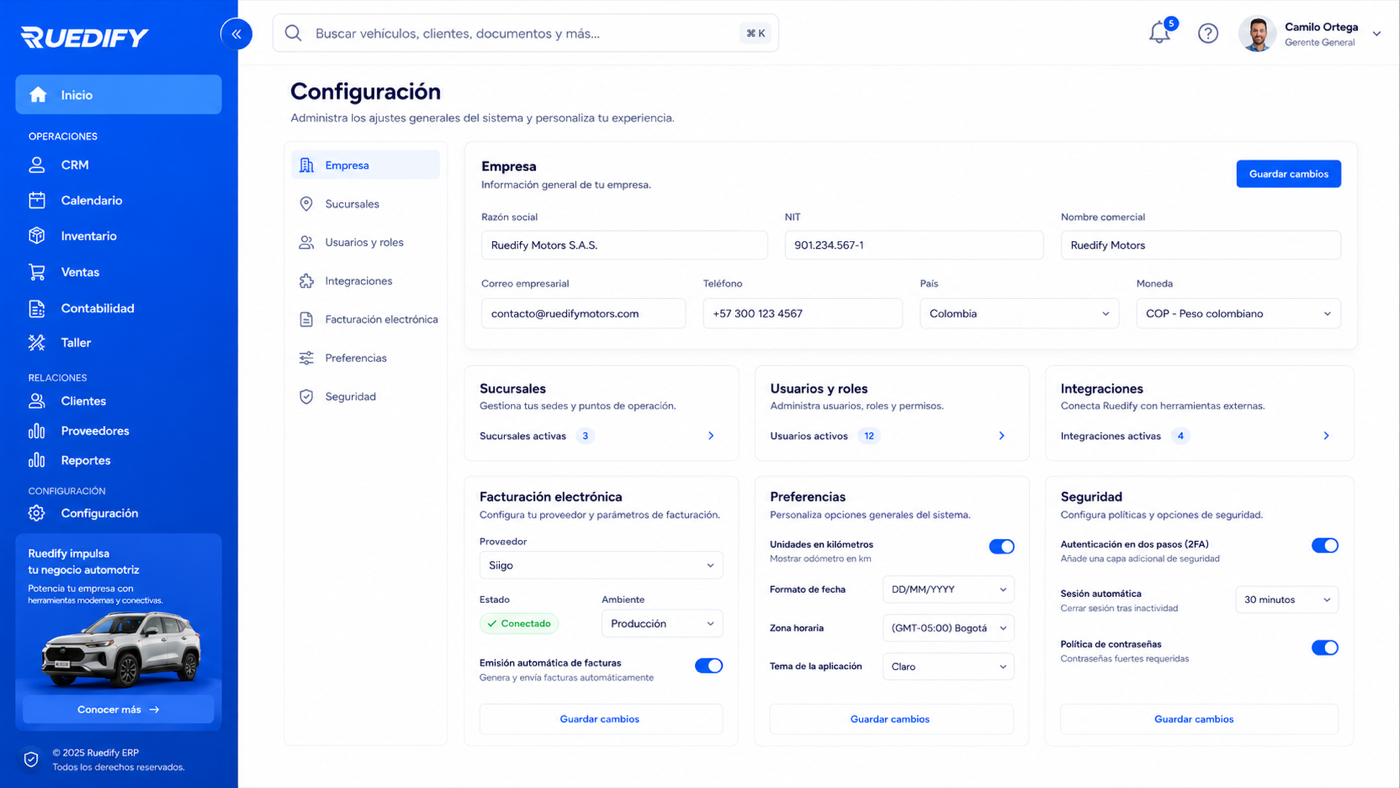 Pantalla de configuración de Ruedify con empresa, sucursales, usuarios y preferencias