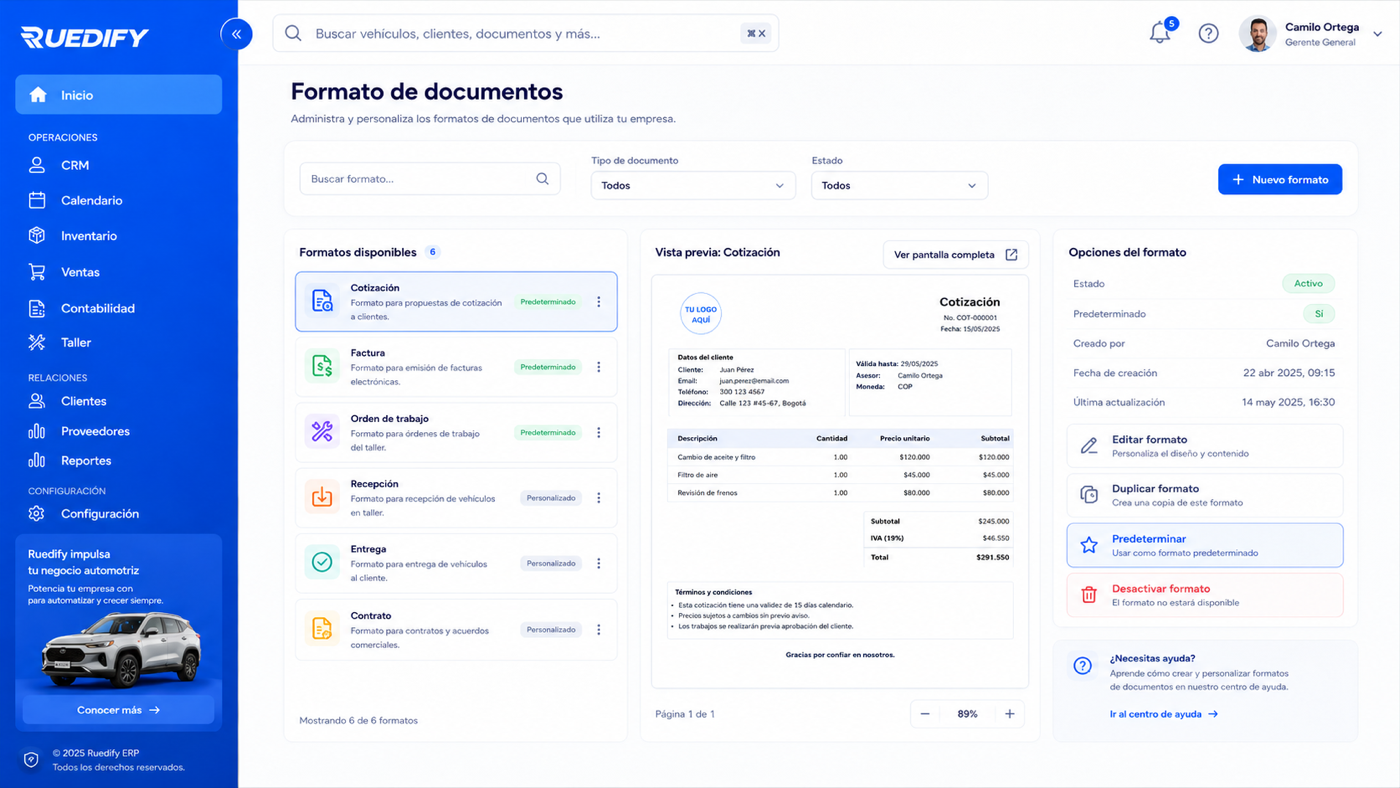Pantalla de formatos de documento en Ruedify con la vista previa de una cotización