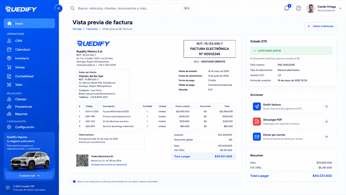 Vista previa de un documento de venta en Ruedify antes de emitirlo, con su detalle y totales